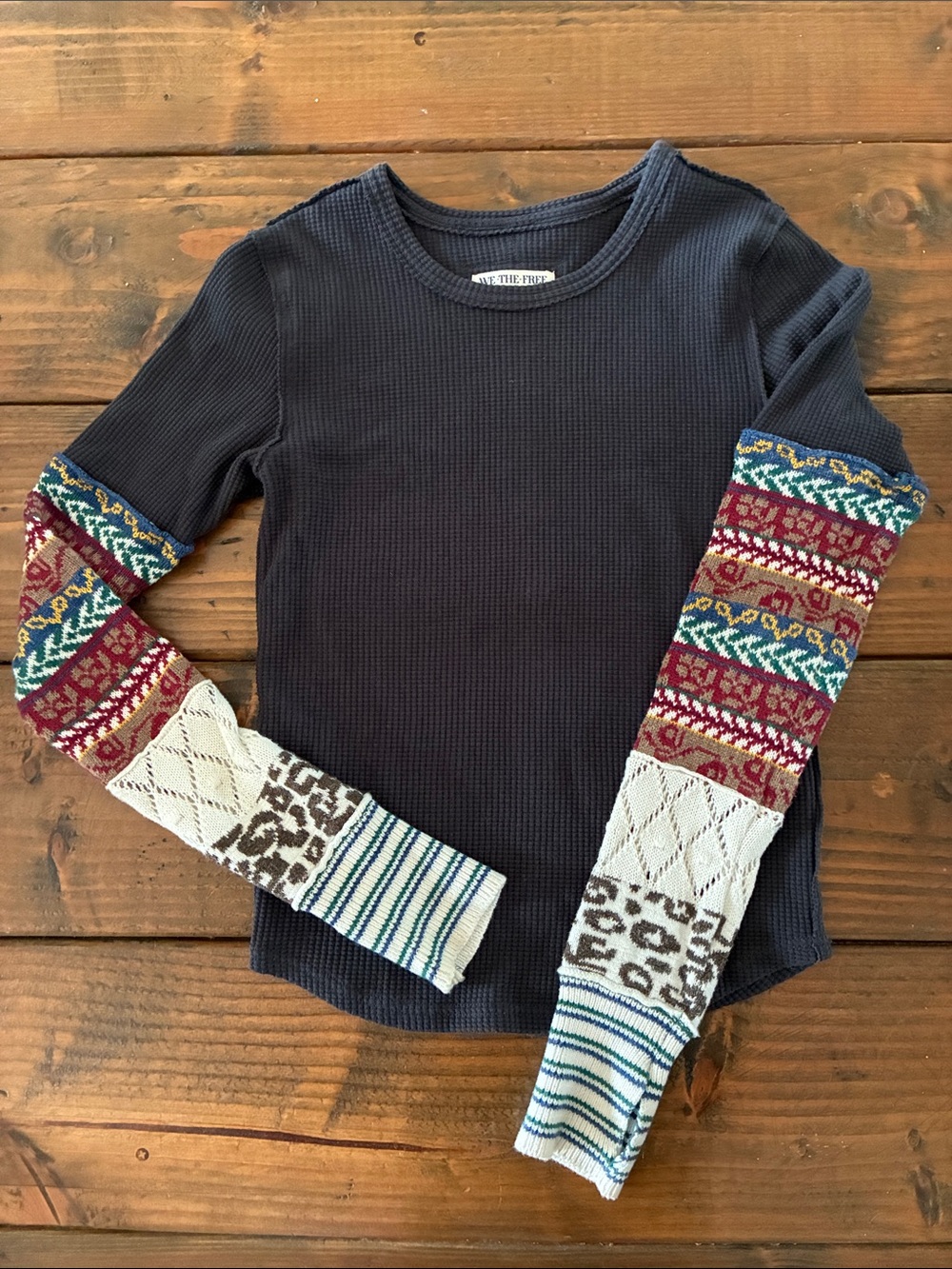 We The Free grey Long Sleeve thermal Top with knit Multi-Color Sleeves